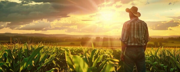 Warm golden hour image of a farmer reading a paper in a cornfield, conveying rural life and agriculture. - obrazy, fototapety, plakaty