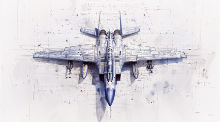 a blue technical sketch of a fighter jet.