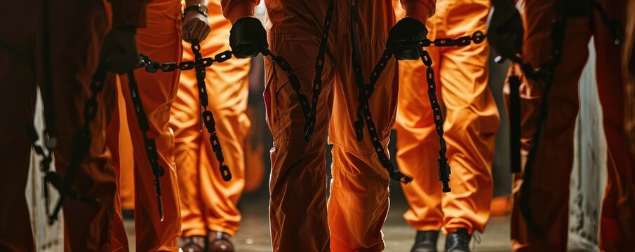 Mans in orange jumpsuits with handcuffs and shackles,