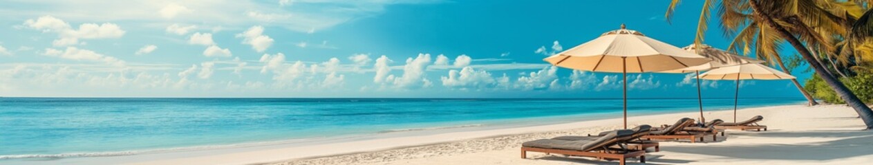 Sunlit Beach Umbrella and Wooden Lounge Chairs