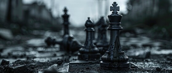Chess pieces on a destroyed chessboard, balck and white demolish building background - obrazy, fototapety, plakaty