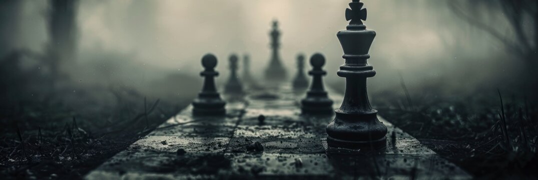 Chess pieces on a destroyed chessboard, balck and white demolish building background