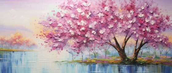 Obraz na płótnie Canvas dark pink and light pink colour flower pattern tree with thick colour on blue background