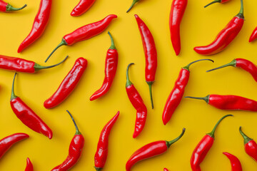Overhead view of red chilli peppers on a bright yellow background