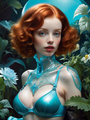 red hair futuristic woman in the garden, generative ai illustration