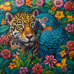 Obraz premium Brazilian fauna and flora, two characters, a jaguar and a blue macaw covered in flowers by harryfinney, bold manga lines, in the style of portraits