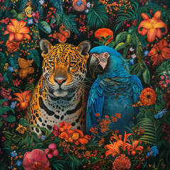 Obraz na płótnie Canvas Brazilian fauna and flora, two characters, a jaguar and a blue macaw covered in flowers by harryfinney, bold manga lines, in the style of portraits