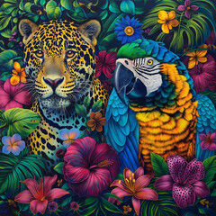 Brazilian fauna and flora, two characters, a jaguar and a blue macaw covered in flowers by harryfinney, bold manga lines, in the style of portraits