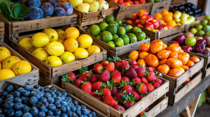Colorful fresh fruits and vegetables were for sale at the market, closeup 