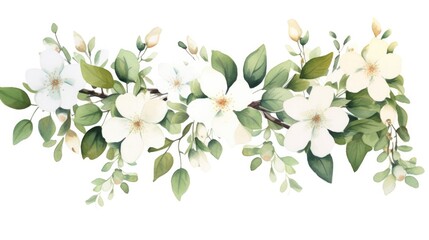 Dark green leaves and thick tiny white flowers hanging from above are shown in this white water colour clipart set on a white backdrop.