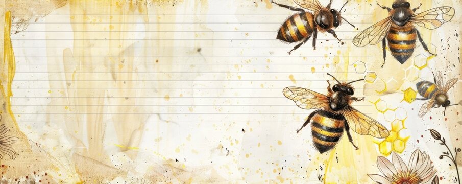 watercolour painting of honey bee and sunflower with soft brown abstract copyspace background