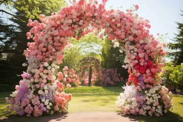 Fragrant Spring flowers arch spiral. Travel nature. Generate Ai