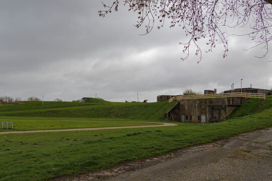 Fortifications and bunkers from the Napoleonic era in the Dutch fort known as Dirks Admiraal in Den Helder on a cloudy, rainy spring day