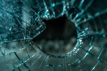 Close-up shattered glass with hole depth