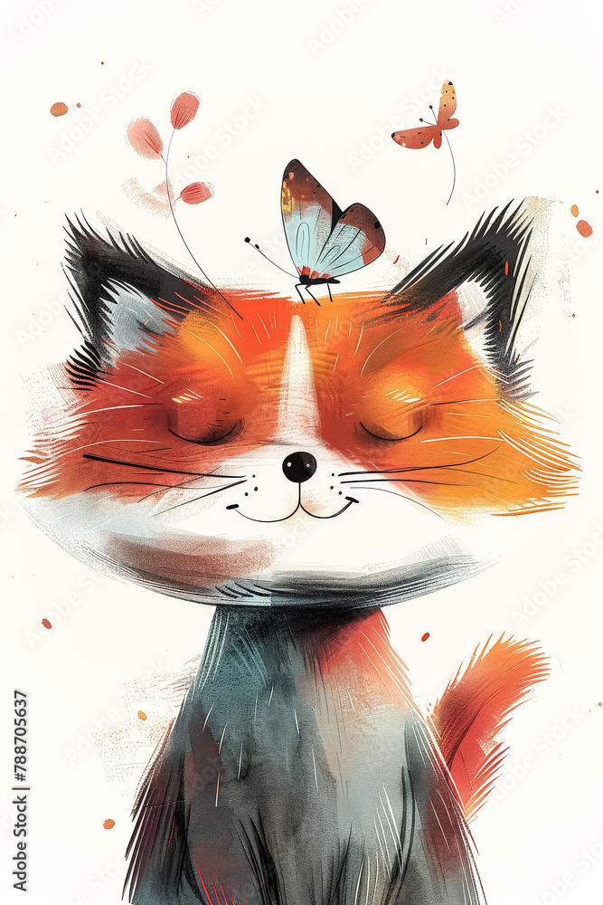 Poster a cat is sitting on a white background with a butterfly on its head. the cat is smiling and he is ha