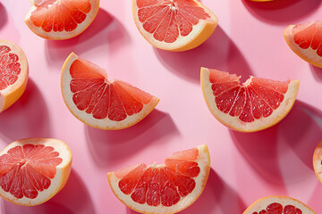 Pattern of fresh sliced grapefruits on pink background
