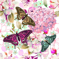 Seamless pattern of pink sakura flowers with butterflies. hand drawing. Not AI, Vector illustration.