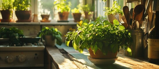 within a kitchen containing a table and basil