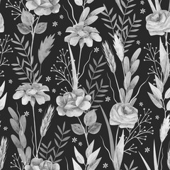 Watercolor seamless pattern with gray flowers and leaves on black background. Dark hand-drawn texture with plants 