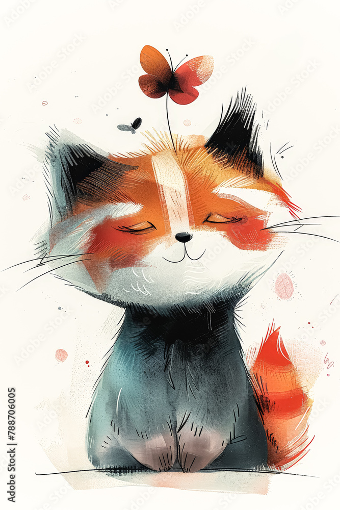 Poster a cat is sitting on a white background with a butterfly on its head. the cat is smiling and he is ha