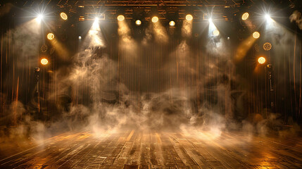 This is a photo of an empty stage with a wooden floor. - obrazy, fototapety, plakaty