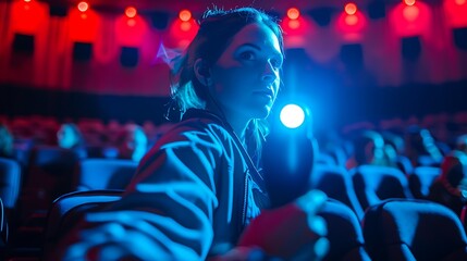 A young woman is sitting in a movie theater. She is wearing a blue jacket and has her hair in a bun.