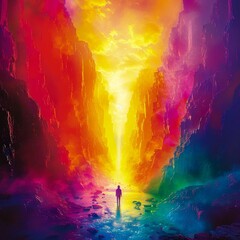 A person standing in a canyon with a river flowing through it. The canyon walls are a rainbow of colors.