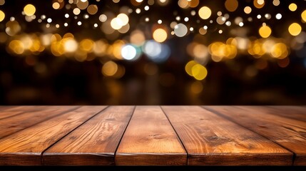 Empty wooden tabletop in a restaurant setting, bathed in the warm glow of ambient bokeh lights,...