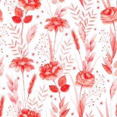 Watercolor seamless pattern with flowers and leaves in red color. Hand-drawn texture with plants on white background