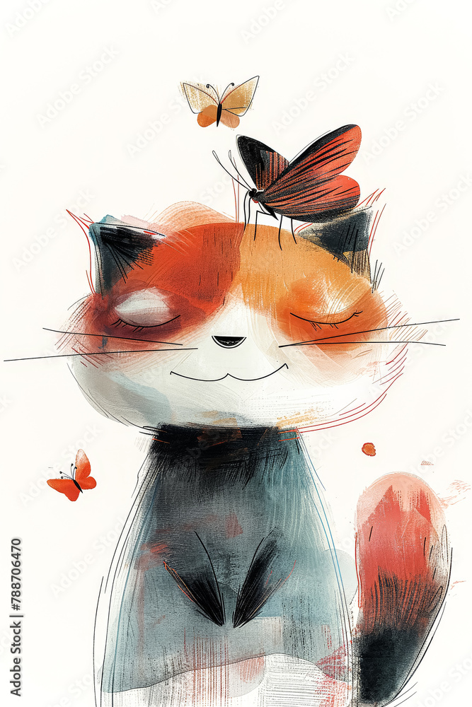 Poster a cat is sitting on a white background with a butterfly on its head. the cat is smiling and he is ha