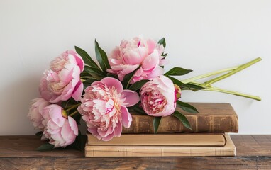 elegant Floral Arrangement: Pink Peonies, Books, and White Background