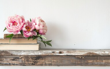 elegant Floral Arrangement: Pink Peonies, Books, and White Background