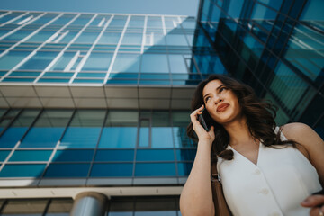 A confident businesswoman converses on her mobile phone against the backdrop of modern skyscrapers,...