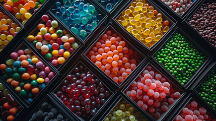 Assorted jelly beans in black box compartments, a vibrant and playful diagonal image ideal for confectionery themes