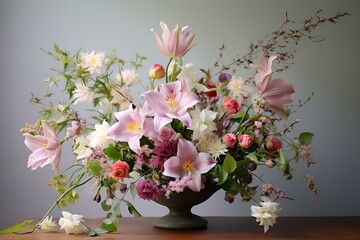 Fragrant Spring table flowers. Beautiful garden with variety flora and small garden scene. Generate AI