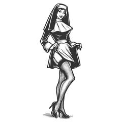 pin-up styled nun in flirtatious pose, playful retro fashion sketch engraving generative ai fictional character vector illustration. Scratch board imitation. Black and white image. - 788707692