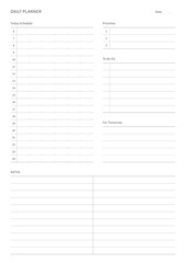 A daily plan design template in a modern, simple, and minimalist style. Note, scheduler, diary, calendar, planner document template illustration.