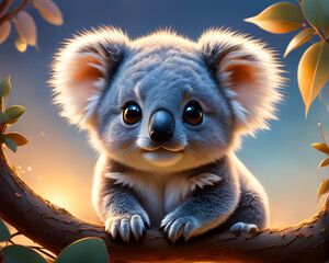 Fototapeta premium Little cute koala on a tree in the sunset light