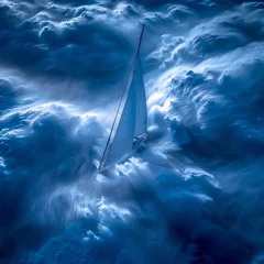 Zelfklevend Fotobehang A lone sailboat sails through a stormy sea. The waves are rough and the clouds are dark, but the boat sails on. © weerasak