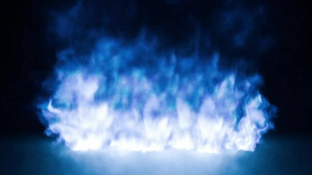 Blue fire storm product background video for design. Studio flame effect. Cold burning smoke or extremely hot on dark black bg. Backdrop or overlay vfx effect for movie projects.