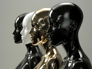 Quartet of Metallic Mannequins. Four glossy mannequin heads in black, gold, and silver finishes.