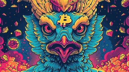 A boastful turkey employs Bitcoin to buy a dazzling diamond, adorning its magnificent tail feathers, its proud strut with its sparkling tail, closeup - obrazy, fototapety, plakaty