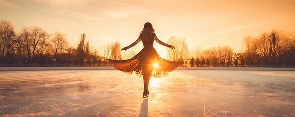 Graceful woman ice skater at sunset silhouette on frozen lake. - obrazy, fototapety, plakaty