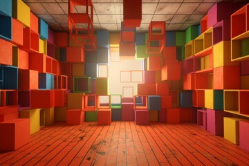 Geometric Square blocks room design. Cube style decoration render. Generate Ai