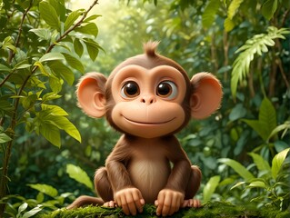 A cute little cartoon monkey on  background of green vegetation