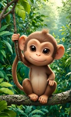 A cute little cartoon monkey on  background of green vegetation