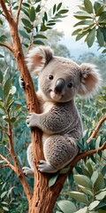 A beautiful little cute cartoon koala on  branch of eucalyptus