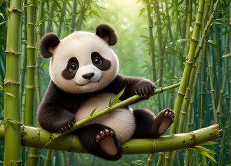 A beautiful little  panda on the background of  bamboo grove
