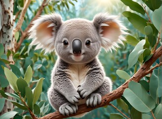A beautiful little cute cartoon koala on  branch of eucalyptus