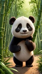 A beautiful little  panda on the background of  bamboo grove